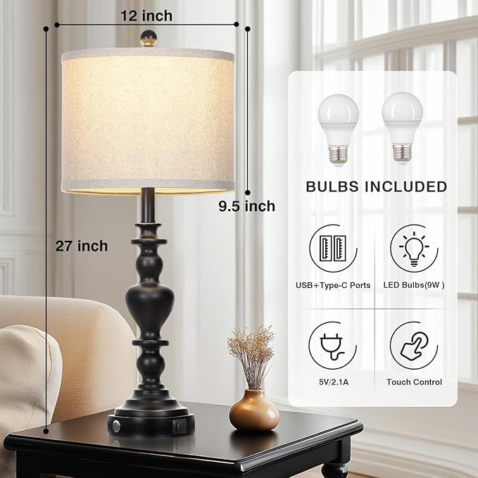 luxeflow Farmhouse Table Lamps Set of 2, 27" Black Vintage Bedside Lamps with USB A+C Charging Ports, 3-Way Dimmable Touch Control Rustic Nightstand Lamp for Living Room Office(Bulbs Included)