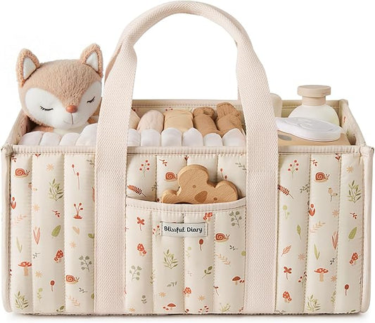 Blissful Diary Woodland Diaper Caddy Organizer, Stylish Nursery Storage Basket, Gift for Baby Shower, Newborn Essentials, Woodland Cream