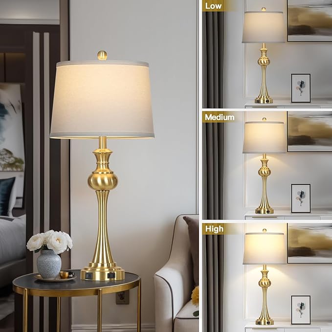 Cinyirong 28.75" Gold Table Lamps Modern 3-Way Touch Control Dimmable Bedside Lamp with USB A+C Ports & AC Outlets for Living Room Bedroom Nightstand Lamp (Bulb Included)
