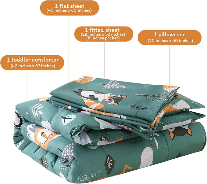 JSD Green Forest Animals Toddler Bedding Set, 4 Piece Bed-in-Bag Toddler Comforter Sheet Set, Machine Washable