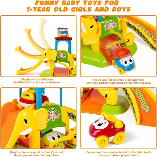 Marstone Toddler Toys for 1 2 Year Old Boys and Girls Gifts: Educational Elephant Slide with 4 Animal Car Toys for Baby 12-18 Months, First Birthday Gifts for Kids, Learning Push Truck Tracks Age 1-2