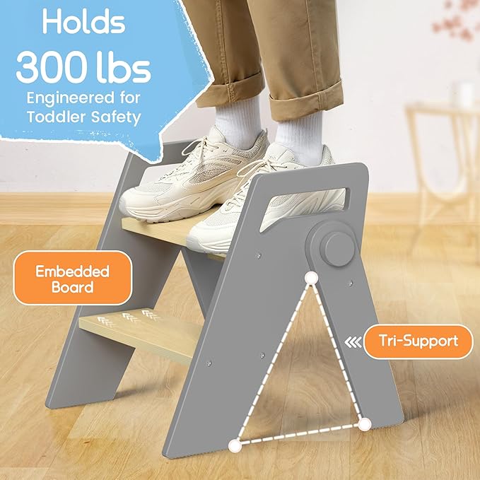 HOMEKOL Toddler Kids Step Stool: Wooden 2 Step Stool for Bathroom Sink, Foldable, Grey