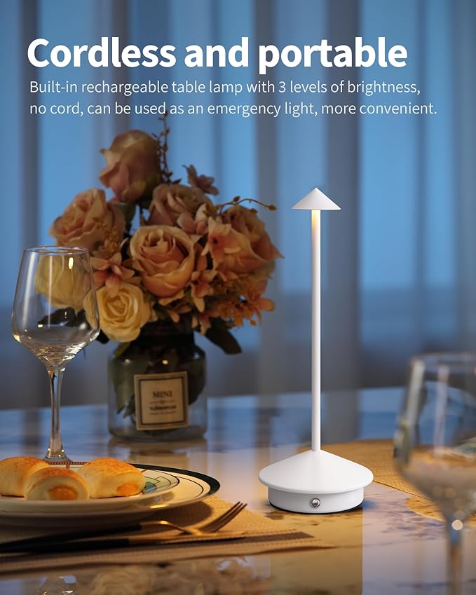 NEWSEE Modern Cordless Table Lamp Set of 2, Portable LED Desk Lamps, 5000mAh Rechargeable Battery Operated Lighting for Bedroom Dining Room Restaurant Coffee Shop Camping Night Light (White)