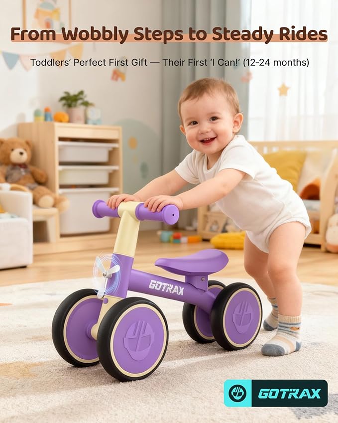 Gotrax Baby Balance Bike 1-2 Years, 7" Front&Rear Silent Wheels, Sturdy Steel Frame 66 lbs Load, Quick 2-Min Assembly, CPC Certified, Comfortable Soft Seat, Toddler Birthday Gift for Boys&Girls Purple