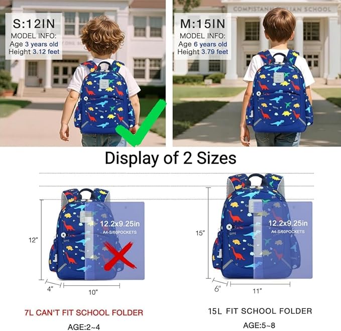 CAMTOP Toddler Backpack for Boys Girls 2-4, Kids Backpacks for Kindergarten Preschool, 12" H Small Bookbag for Daycare Travel (Dinosaur Blue, 12''- Not fit A4 folder)