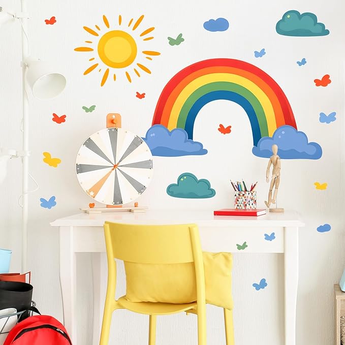 Eutecado Rainbow Wall Decals Watercolor Sun Cloud Wall Stickers for Kids Room, Cute Cloudy Rainbow Wall Decor Butterfly Sun Decorations Peel and Stick Removable Decals for Girls Room Nursery