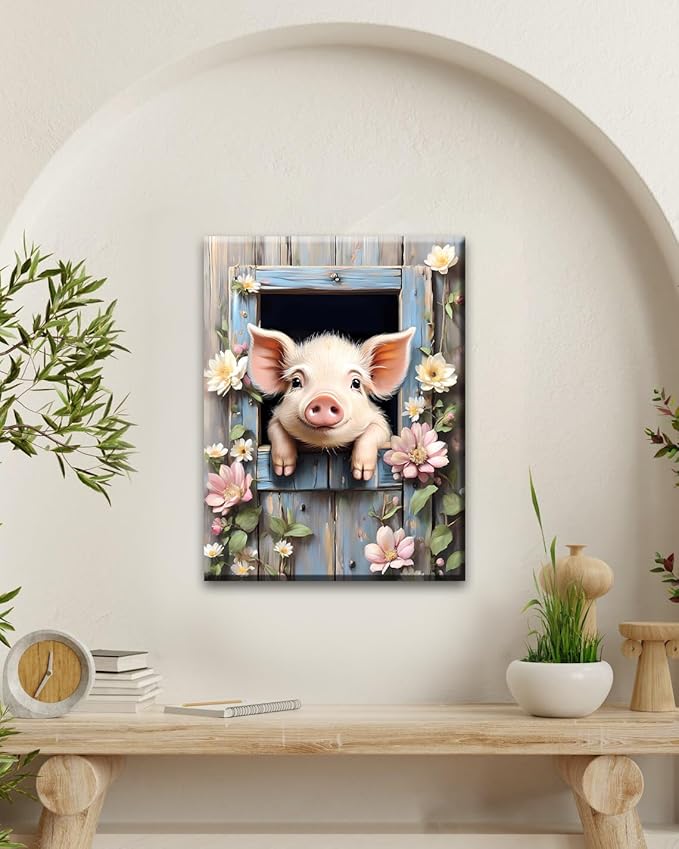 LNLAGBO Farm Animals Canvas Wall Art,Funny Pig Canvas Wall Art Print,Rustic Farmhouse Piggy Looking Over Wooden Fence Picture Prints for Bathroom Bedroom Living Room Decor-12 x16