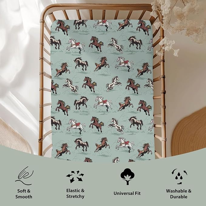 Vintage Wild Horses Baby Crib Sheets for Boy Girl 28"x52" Running Horse Soft Stretchy Fitted Crib Mattress Covers Wild Western Cowboy Animal Nursery Baby Sheet for Crib & Toddler Bed Mattress Green