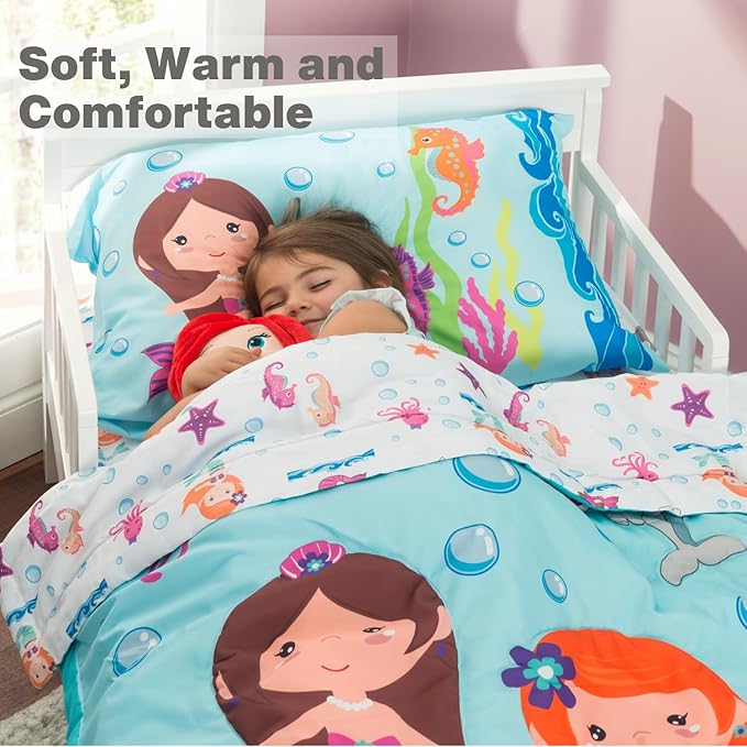 EVERYDAY KIDS 4 Piece Toddler Bedding Set -Undersea Mermaids Adventure- Includes Comforter, Flat Sheet, Fitted Sheet and Reversible Pillowcase