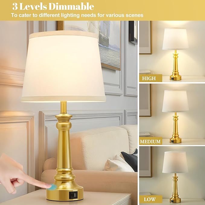 EJIAXIN Touch Lamps for Nightstand Set of 2 - Gold Table Lamp for Bedroom Dimmable Bedside Lamps with USB C+A Ports - Lamps for Night Stands Living Room End Table,2 LED Bulbs Included
