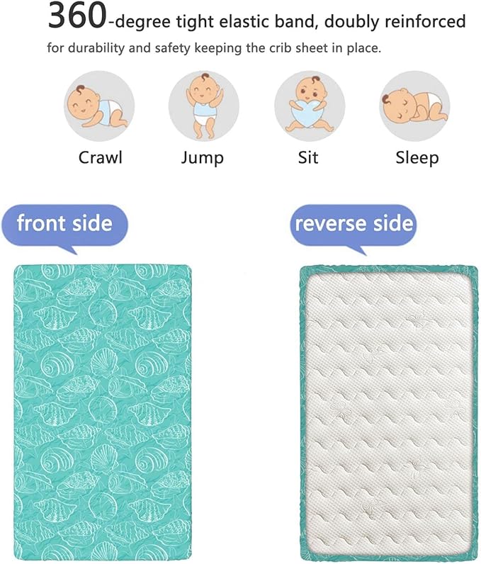 Sea Shells Themed Fitted Mini Crib Sheets,Portable Mini Crib Sheets Ultra Soft Material-Crib Mattress Sheet or Toddler Bed Sheet,24“ x38“,Seafoam White