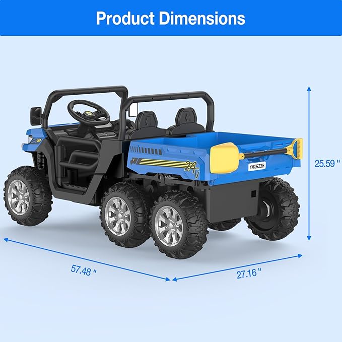 2-Seater Kids Ride On Dump Truck, 75W Electric Ride On UTV Toys with Remote Control, Dump Bed, PP Tire x 6, LED Light & Music, 24V 4WD Power Ride On Truck Car for Boys Girls (Blue)
