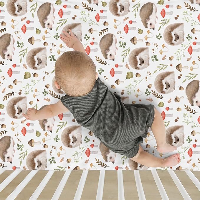 Cute Hedgehogs Baby Crib Sheets for Boy Girl 52x28Inch Hedgehog Mushroom Leaves Soft Snug Fitted Crib Mattress Cover Animal Baby Sheet for Standard Crib and Toddler Bed Mattress