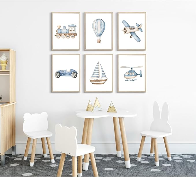 Baby Boy Nursery Wall Art Transportation Blue Car Canvas Prints Vintage Toddler Vehicle Pictures Decor Hot Air Balloon Airplane Nursery Poster for Kids Boys Room Bedroom 8x10x6 Inch Framed