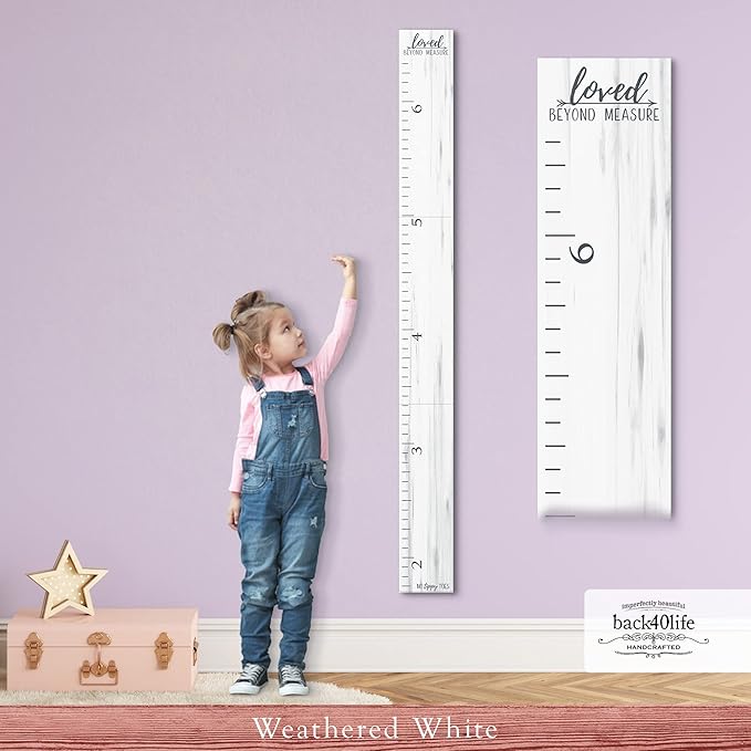 Farmhouse Style Wooden Kids Growth Chart Ruler for Boys and Girls (Weathered White - NTT)