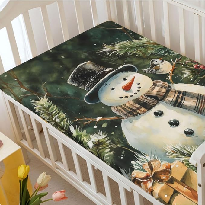Christmas Theme Fitted Crib Sheet,Woods Snowman and Bird Print Pattern,Standard Crib Mattress Fitted Sheet Ultra Soft Material - Great for Boy or Girl Room or Nursery,28“ x52“,Green