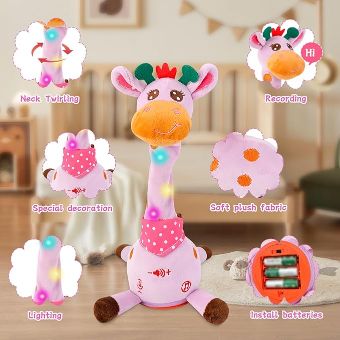 Dancing Talking Giraffe Toy, Stuffed Animal Baby Toy Repeating What You Say, Glowing Musical Electronic Giraffe Gifts for Toddlers 1-3 Years Old (Purple Giraffe)