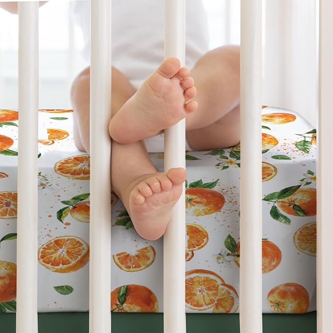 Watercolor Oranges Baby Crib Sheets 52''x28'' Retro Oranges Floral Leaves Stretchy Fitted Crib Mattress Cover for Boy Girl Boho Summer Fruits Soft Bed Sheets for Standard Crib Toddler Mattress