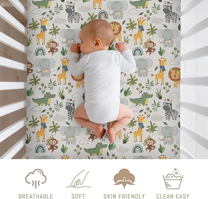 Jungle Safari Animals Baby Crib Sheets for Boy Girl Elephant Lion Zebra Giraffe Leaves Soft Snug Fitted Crib Mattress Covers for 52''x28'' Standard Crib & Toddler Mattress Pad Wild African Bed Sheets