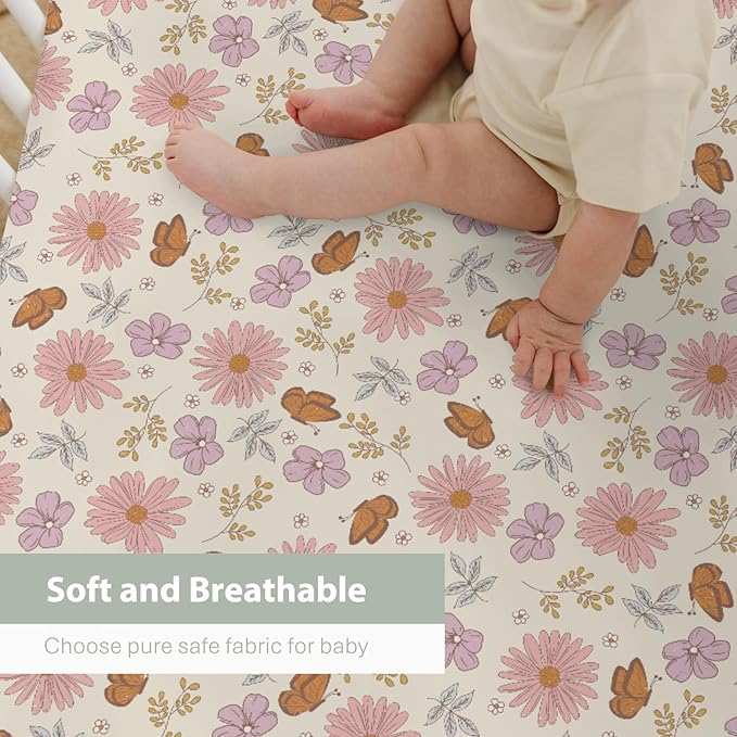 Vintage Wildflowers Butterflies Baby Crib Sheets for Boy Girl 52x28Inch Retro Blossoms Leaves Soft Snug Fitted Crib Mattress Cover Spring Summer Floral Baby Sheet for Standard Crib & Toddler Mattress