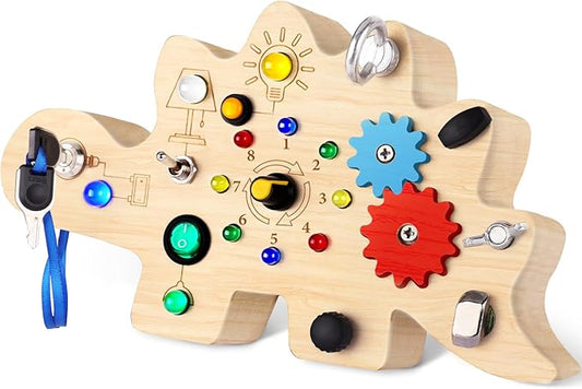 Busy Board, Montessori Toys for 3 Year Old, Baby Sensory Toys for Toddlers with 12 LED Light,Wooden Toddler Busy Board Baby & Toddler for Learning Activity, Light Switch Toys for Toddlers