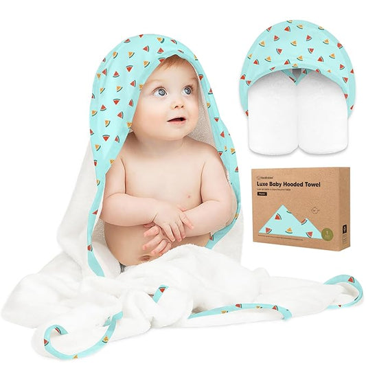 KeaBabies Hooded Baby Towel for Newborn - Viscose Derived from Bamboo Large Baby Bath Towels with Hood for Boys, Girls, Toddler, Extra Absorbent & Soft Newborn Bath Essentials (Melon Beat, Regular)