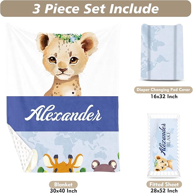 Custom Name Crib Bedding Set 3-Piece – Blue Leopard Design Baby Bedding Set with Personalized Soft Blanket, Fitted Sheet, Changing Pad Cover – Ideal Newborn Gift for Boys and Girls