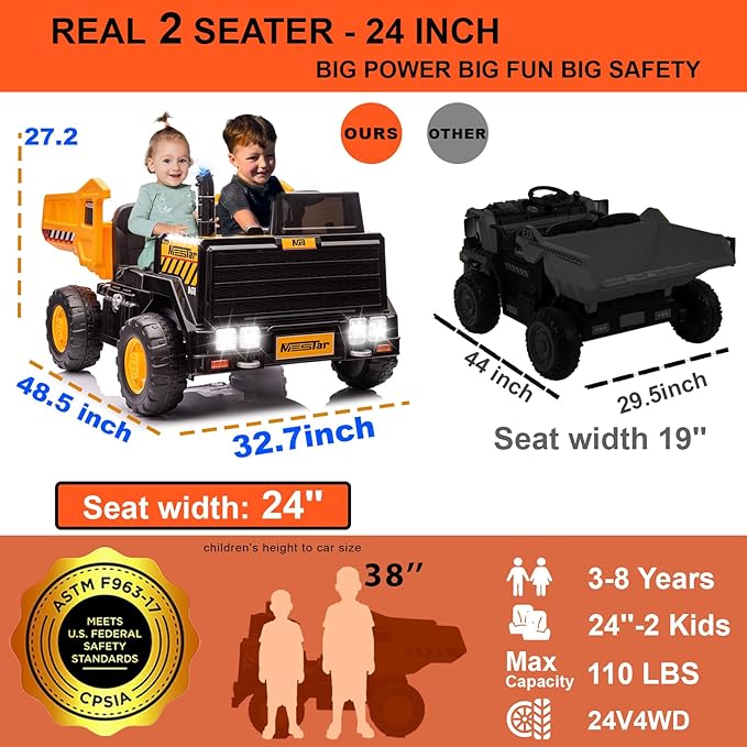 Kidsera 24V Ride On Dump Truck, 24inch-2 Seater Ride On Car for Kids w/Remote Control 4WD/2WD Up to 5 Mph, 24v Ride on Toys for Big Kids w/Electric Dump Bed Extra Shovel Traffic Cones (Yellow)