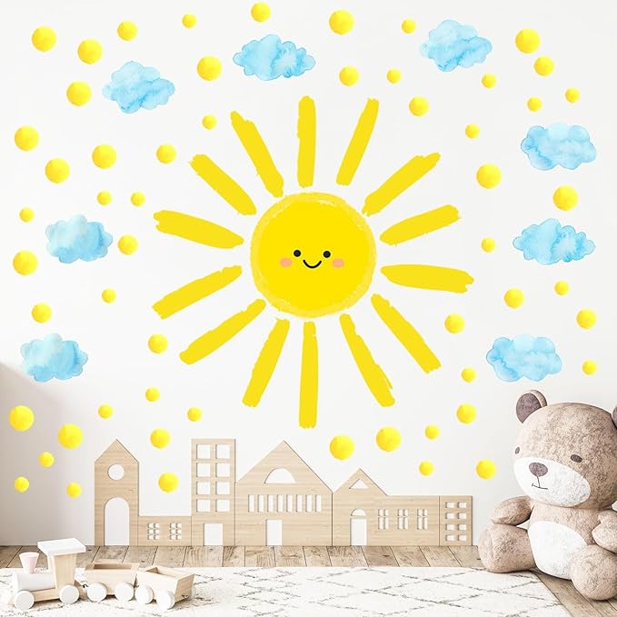 Eutecado Sun Wall Decals Watercolor Cloud Wall Stickers for Kids Room, 12 Sheets Large Sun Cloud Wall Decor Posters Polka Dots Wall Stickers Home Decorations for Girls Room Bedroom Play Room