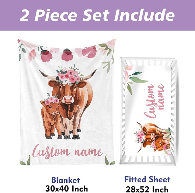 Custom Name Crib Bedding Set with Name - 2 Piece Cow Series Baby Set with Blanket and Crib Sheet, Cozy and Durable Infant Nursery Bedding, Gifts for Toddler Baby