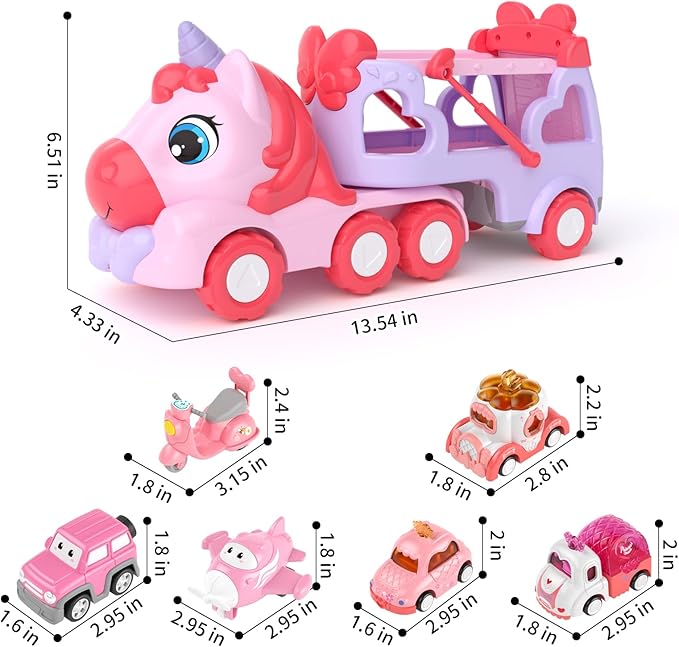 Toys for 2 3 Year Old Girl Truck, 7-in-1 Girl Carrier Truck Car with Light & Sound, Toddler Girl Car Toys Age 2-4, Cars for 2+ 3+ Year Old Girls Birthday