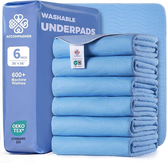 Accompagner Waterproof Reusable for Adults and Pets Washable Pee Pads for Dogs Changing Pad Large Dog Bed Size Adults Incontinence Bed Pads - Non-Slip Leak-Proof (Blue, 6Pack-36" x36")