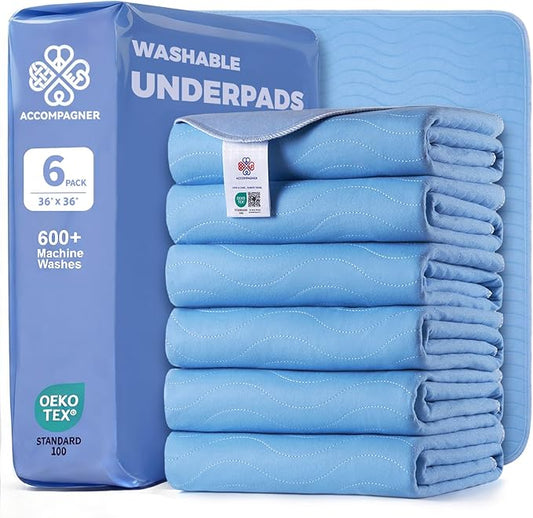 Accompagner Waterproof Reusable for Adults and Pets Washable Pee Pads for Dogs Changing Pad Large Dog Bed Size Adults Incontinence Bed Pads - Non-Slip Leak-Proof (Blue, 6Pack-36" x36")
