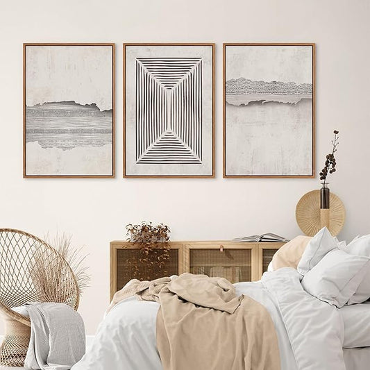 CHDITB Modern Abstract Canvas Art Prints, Set of 3 Neutral Framed Wall Art, Geometric Line Textured Minimalist Decor for Living Room - Large Size 24"x36"