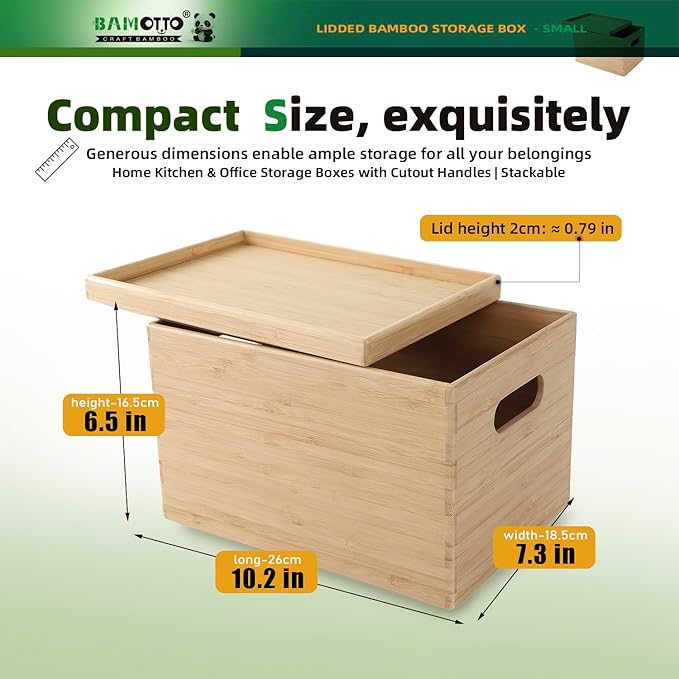 BAMOTTO Lidded Bamboo Storage Bins & Box/Cube/Basket, Home Kitchen and Office Storage Boxes with Handles & Stackable for Organizer Tableware, Clothing, Toys, Office Shelf Books, 10.2”x7.3”x6.5”