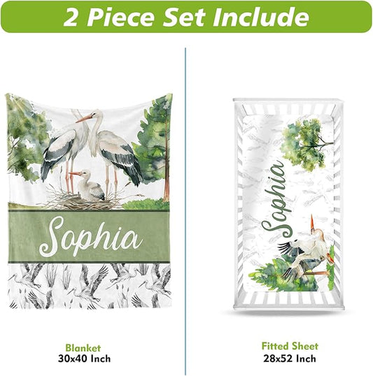 Personalized Baby Crib Bedding Set, Custom Name Crane Design Baby Bedding 2-Pcs Set-Soft Double Layer Dotted Blanket and Fitted Sheet, Nursery Bedding for Newborn Boys Girls, Perfect Shower Gift