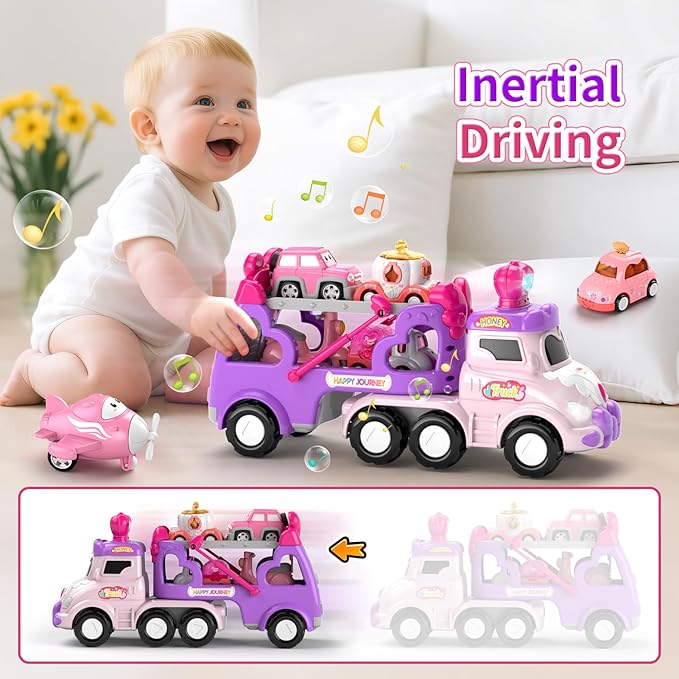 Cars Toys for 2 + 3 + Year Old Girl, 7-in-1 Princess Transport Carrier Trucks for Toddlers Girl 2-4, Friction Power Toy Cars with Lights & Music, Birthday Gift for Girls Age 2 3.