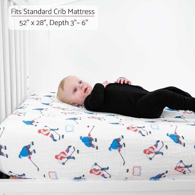LollyBanks Muslin Crib Sheets 2 Pack, 100% Cotton Soft and Breathable Crib Fitted Sheet for Standard 52"x28" Mattress, Cozy and Snug Baby Bed Sheets, Baby Boy Essentials (Ice Hockey and Hat Print)