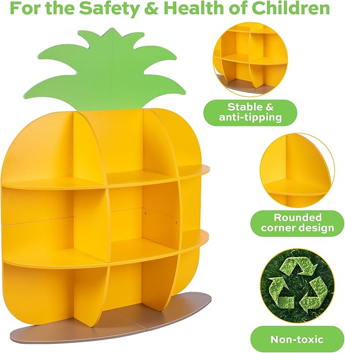 9-Cube Book Shelf and Toy Storage Organizer, Pineapple Shaped Kids Bookcases for Nursery, Playroom, Bedroom, or Classroom