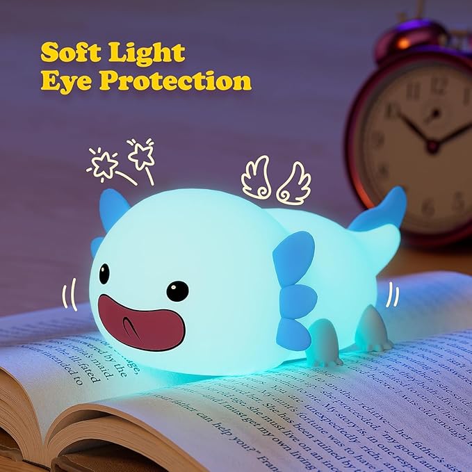 UNEEDE Axolotl Night Light for Kids, Animal Silicone Nursery Night Lamp, Rechargeable Table Lamp Bedside Lamp, Cute Room Decor Night Light for Bedroom Living Room Desk Kawaii Toys Valentines Day Gifts