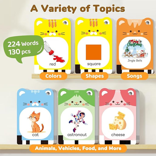 JoyCat Talking Flash Cards for Toddlers 1-5 Clear Voice & Thick Cards & Easy to Slide in and Out, Independent Learning & Speech Development Toys, 16 Topics