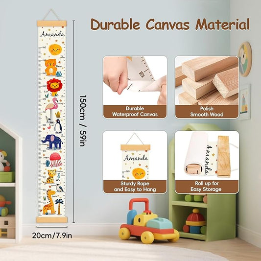 Personalized Name Baby Height Growth Chart Wall, Animal Canvas Kids Height Wall Chart Removable, Waterproof Height Chart Nursery Wall Decor for Baby Kids Toddlers