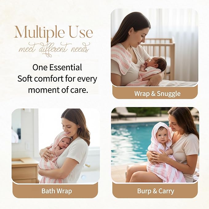 Muslin Hooded Baby Towel 4 Pack, Preuim Muslin 6 Layers Natural Cotton Baby Bath Towels, Soft and Comfortable for Boys,Girls (32x32,Pink Striped and White)