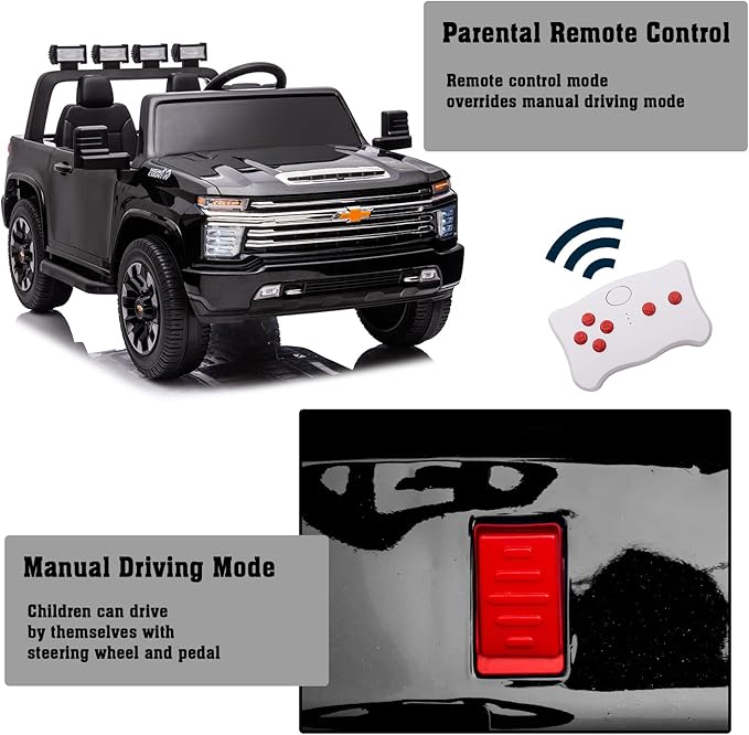 FINITO 24V 4WD Kids Car Licensed Chevrolet Silverado，2 Seater Electric car ，with Parental Remote Control, Music, Bluetooth, for Outdoor Grass, Gift for Kids(Black)