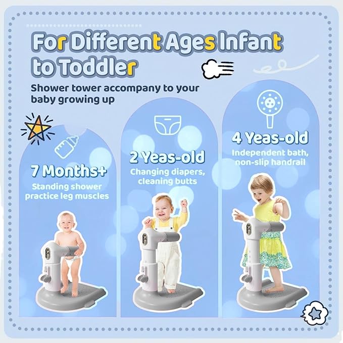 Baby Bath with Shower Stand Support ,Baby standing support Adjustable Toddler Shower Tower with Anti-Pinch & Anti-Slip Design,Infant Safety,Ideal Gift for baby standing bath 6-36 Months(Gray)