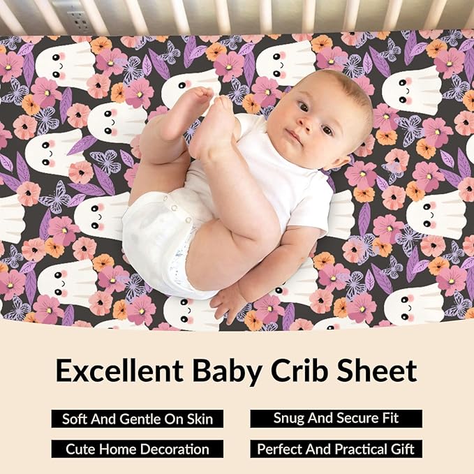 Halloween Spooky Boho Floral Baby Crib Sheets Cute Spooky Retro Flowers Autumn Soft Baby Sheets Fall Holiday Fitted Crib Mattress Cover for Standard Crib Mattress 52"x28"