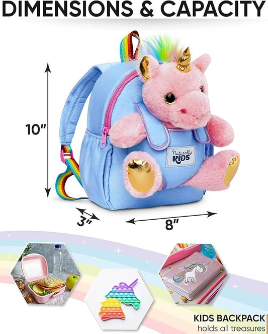 Naturally KIDS【Upgraded Toddler Backpack w Removable Pink Unicorn Toy for Girls Age 2-6 | Side & Inner Pockets, Reflective Logo, Name Tag | Cute Christmas & Birthday Gifts