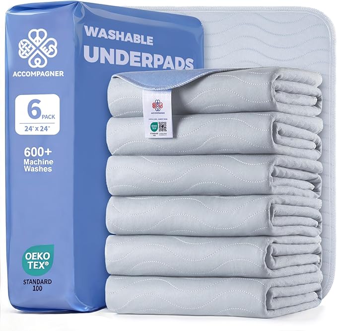 Accompagner Waterproof Reusable for Adults and Pets Washable Pee Pads for Dogs Changing Pad Large Dog Bed Size Adults Incontinence Bed Pads - Non-Slip Leak-Proof (Pearl Gray, 6Pack-24" x24")