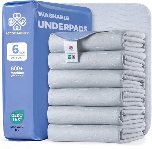 Accompagner Waterproof Reusable for Adults and Pets Washable Pee Pads for Dogs Changing Pad Large Dog Bed Size Adults Incontinence Bed Pads - Non-Slip Leak-Proof (Pearl Gray, 6Pack-24" x24")