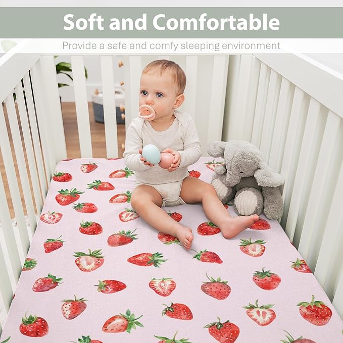 Red Strawberries Baby Crib Sheets for Boy Girl 52x28Inch Watercolor Strawberries Fruit Soft Snug Fitted Crib Mattress Cover Sweet Summer Pink Baby Sheet for Standard Crib and Toddler Bed Mattress
